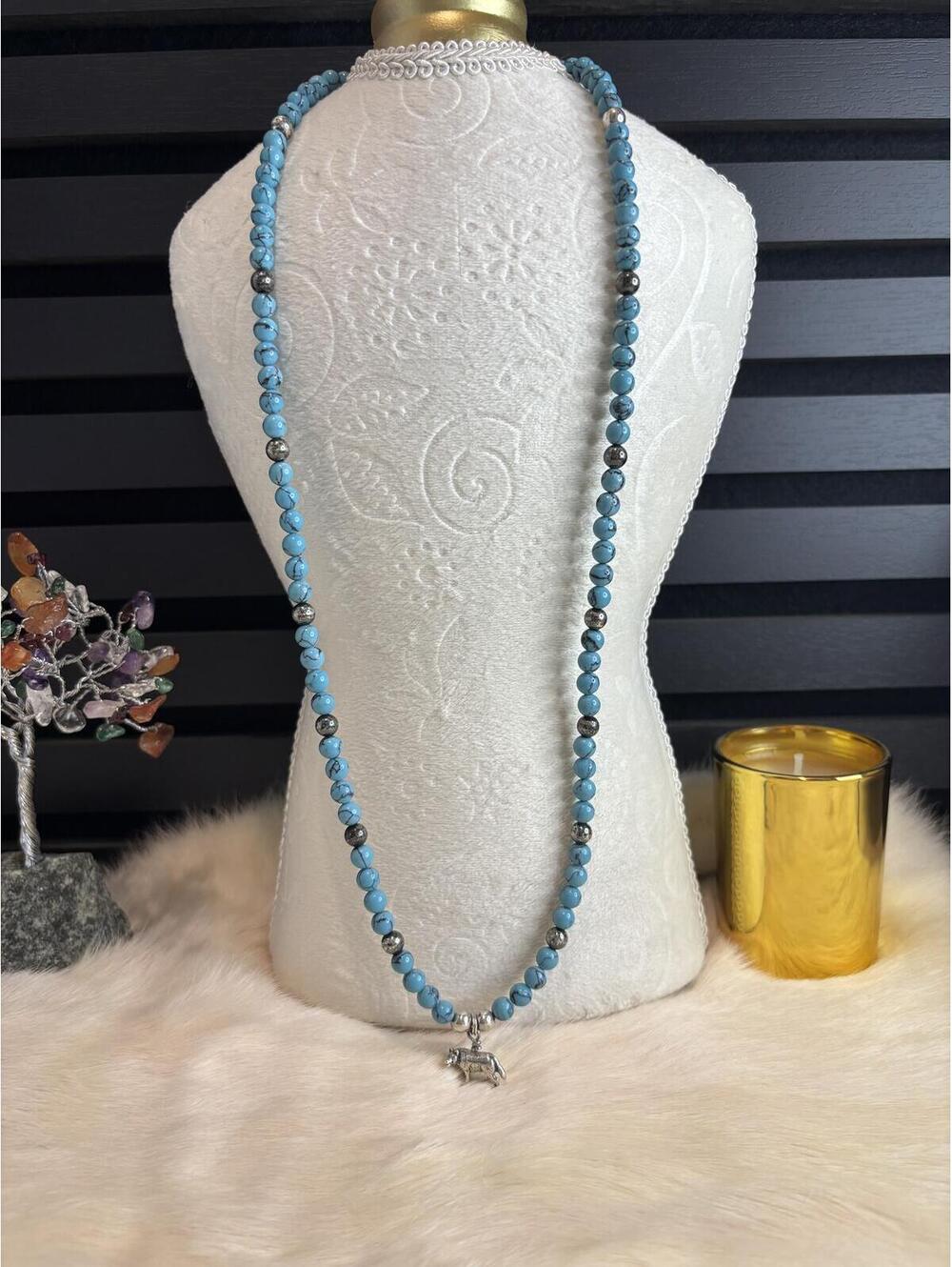 Blue Beaded Necklace with Silver Animal Pendant